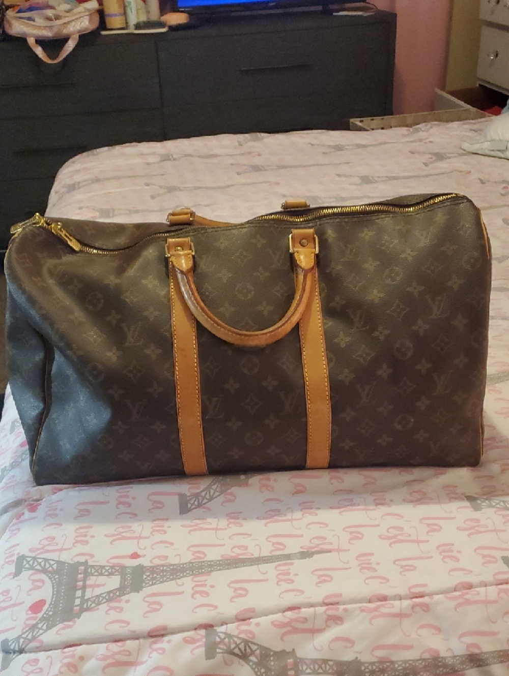 Vintage Louis Vuitton Brown Monogram Holdall with Tan Leather Trim - Picture 2 of 12